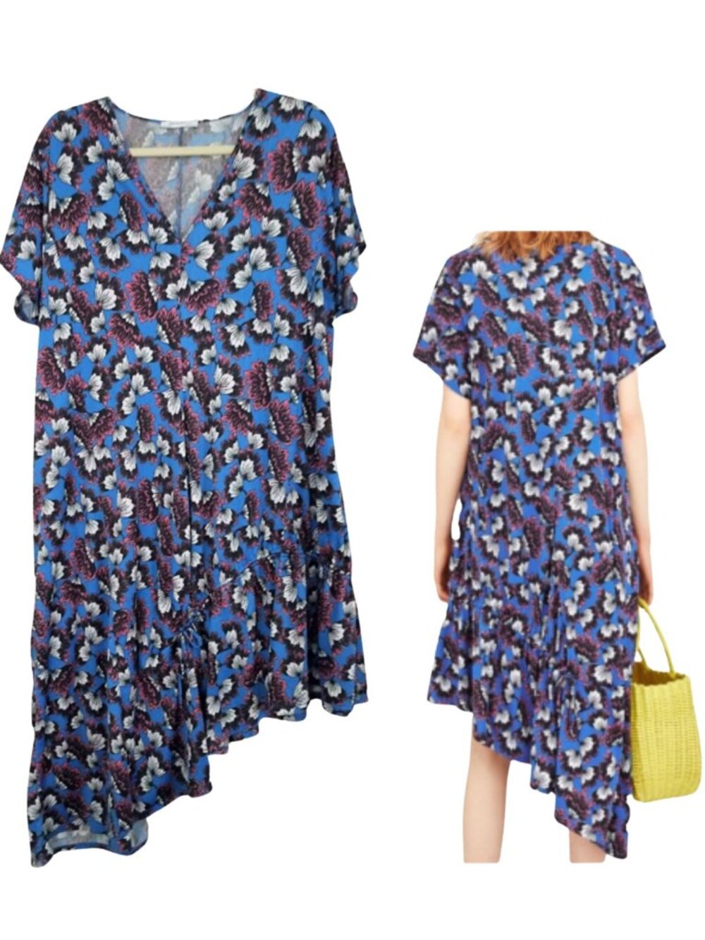 ZARA TRAFALUC Oversized Blue Floral Asymmetrical Dress - Women's US L